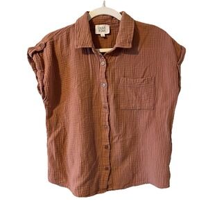 Olive Oak Button Up Shirt Gauze 100 Cotton Peachy Pink L Minimalist
